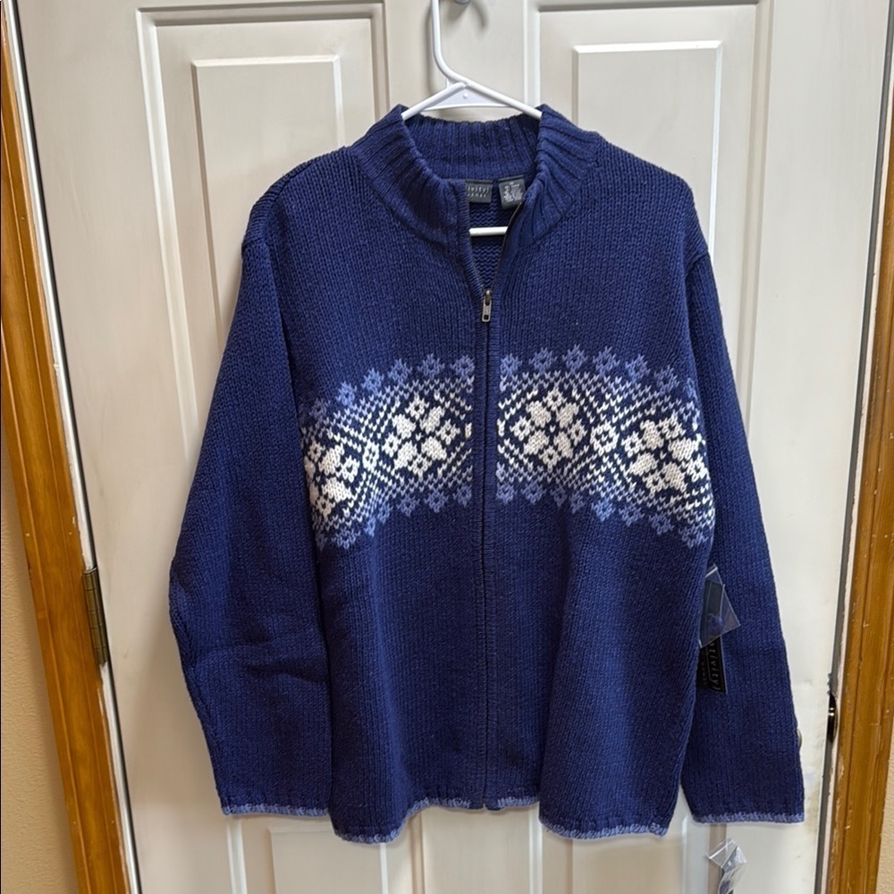 NWT Relativity Blue Chunky Cable Knit Zip-Up Sweater with White size 1X